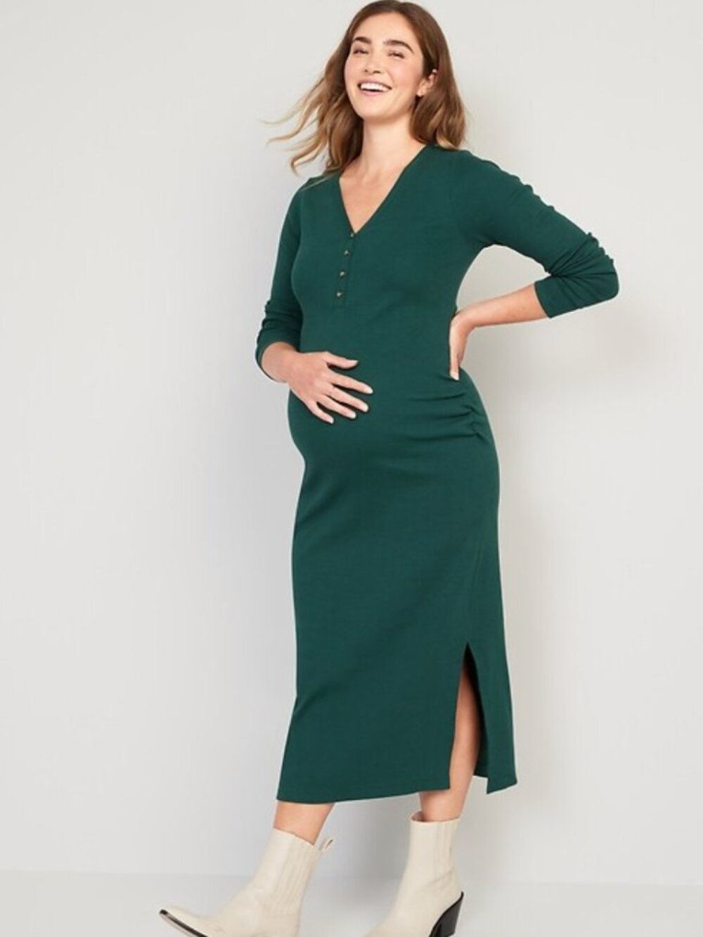 Old Navy Maternity Long-Sleeve Rib-Knit Henley Midi Dress, Emerald Isle, Medium